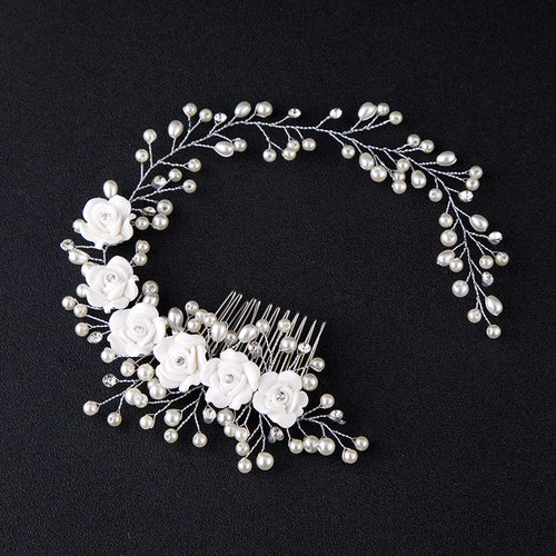 Hair Accessories For Women Pearl Flower Hairband Wedding Bride Tiaras Crown Length Headband Noiva Hair pinHair Jewelry Hair Comb - Be@utyF@shion